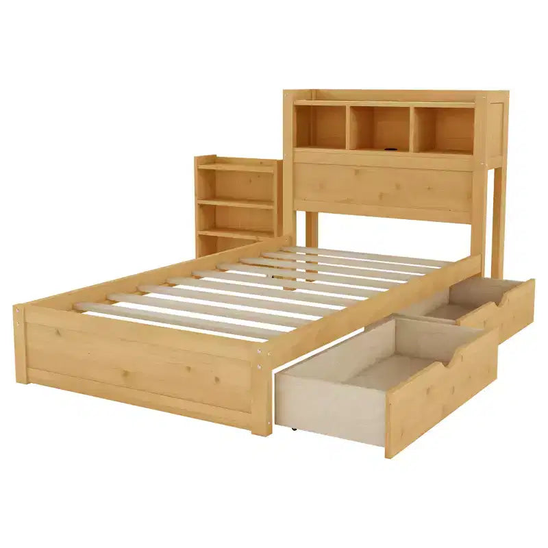 Letto in legno singolo/matrimoniale con testiera contenitore, illuminazione a LED integrata e stazione di ricarica, 2 cassetti e mobile estraibile