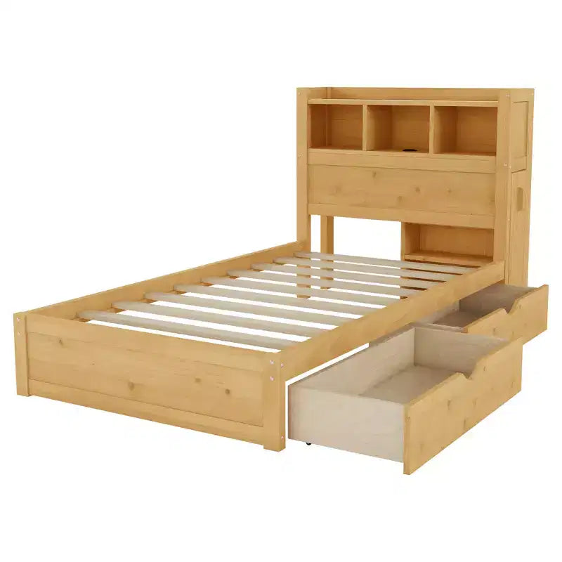 Letto in legno singolo/matrimoniale con testiera contenitore, illuminazione a LED integrata e stazione di ricarica, 2 cassetti e mobile estraibile