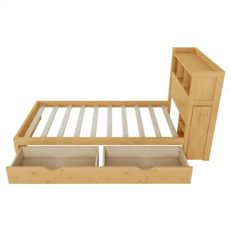 Letto in legno singolo/matrimoniale con testiera contenitore, illuminazione a LED integrata e stazione di ricarica, 2 cassetti e mobile estraibile