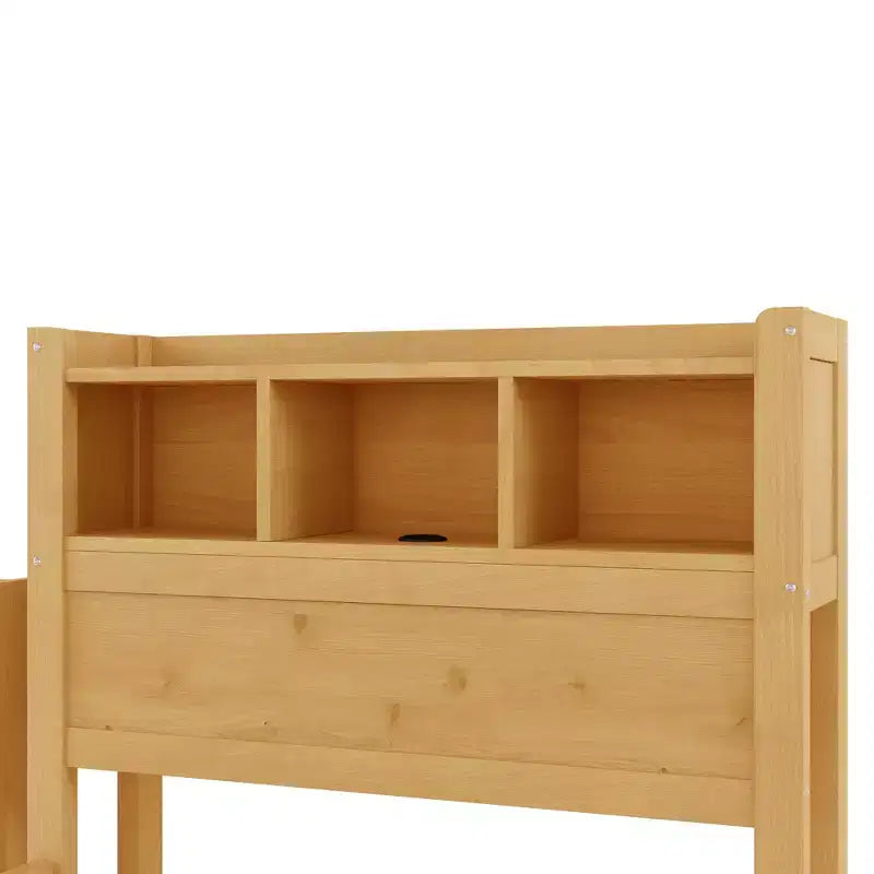 Letto in legno singolo/matrimoniale con testiera contenitore, illuminazione a LED integrata e stazione di ricarica, 2 cassetti e mobile estraibile