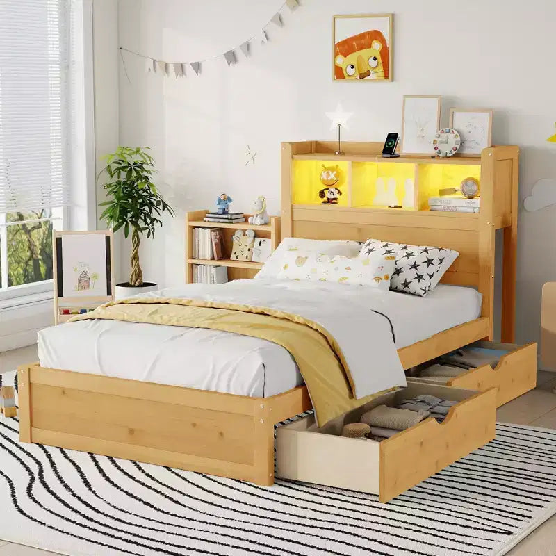 Twin/Full Wood Bed with Storage Headboard, Built-in LED Lighting & Charging Station, 2 Drawers & Pull-Out Cabinet - ModernLuxe