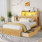Twin/Full Wood Bed with Storage Headboard, Built-in LED Lighting & Charging Station, 2 Drawers & Pull-Out Cabinet - ModernLuxe