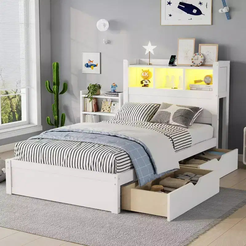 Letto in legno singolo/matrimoniale con testiera contenitore, illuminazione a LED integrata e stazione di ricarica, 2 cassetti e mobile estraibile