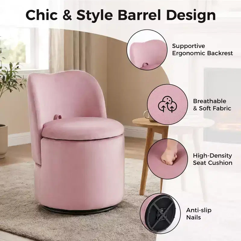 Sedia da toeletta con contenitore, Sedia da trucco girevole a 360° con schienale, Sgabello girevole moderno a botte, Ottomana imbottita, Sgabello da toeletta con schienale