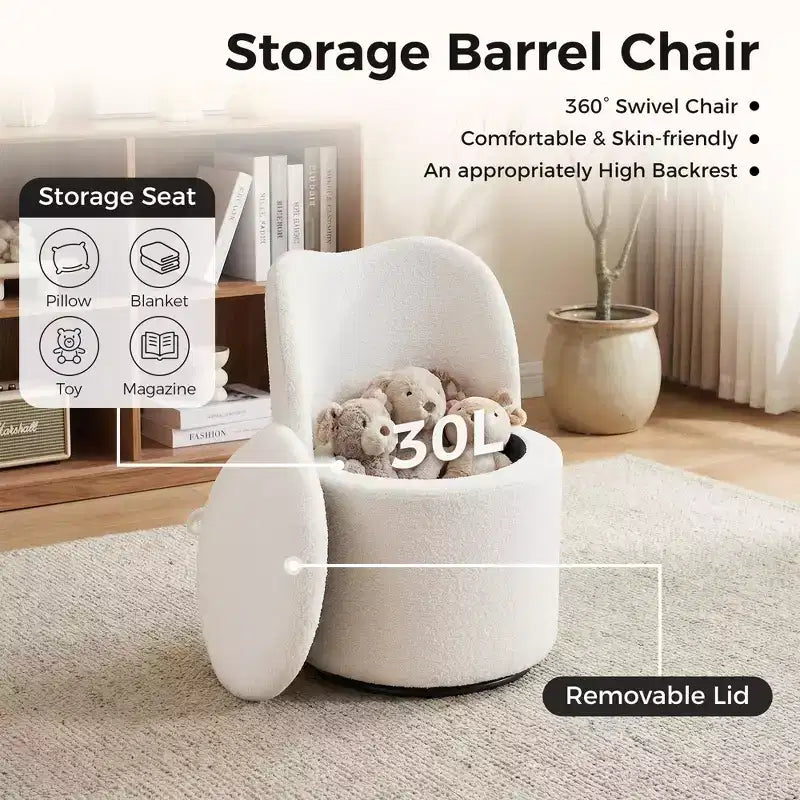 Sedia da toeletta con contenitore, Sedia da trucco girevole a 360° con schienale, Sgabello girevole moderno a botte, Ottomana imbottita, Sgabello da toeletta con schienale