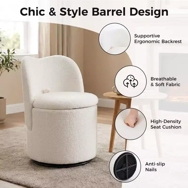 Sedia da toeletta con contenitore, Sedia da trucco girevole a 360° con schienale, Sgabello girevole moderno a botte, Ottomana imbottita, Sgabello da toeletta con schienale