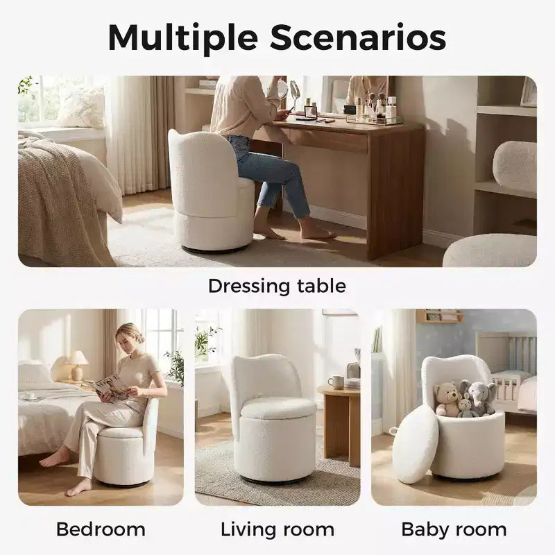 Sedia da toeletta con contenitore, Sedia da trucco girevole a 360° con schienale, Sgabello girevole moderno a botte, Ottomana imbottita, Sgabello da toeletta con schienale
