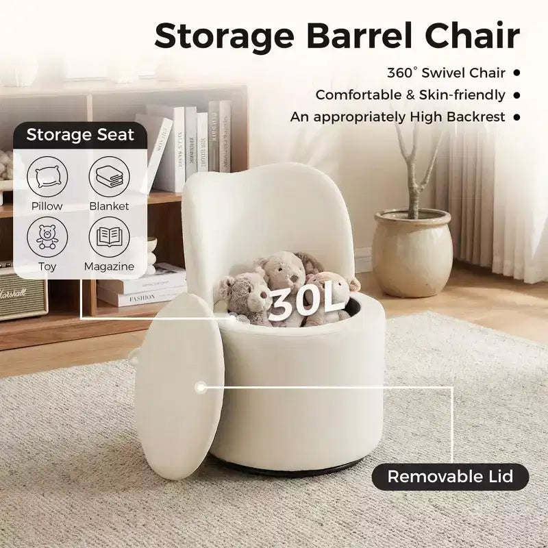 Sedia da toeletta con contenitore, Sedia da trucco girevole a 360° con schienale, Sgabello girevole moderno a botte, Ottomana imbottita, Sgabello da toeletta con schienale