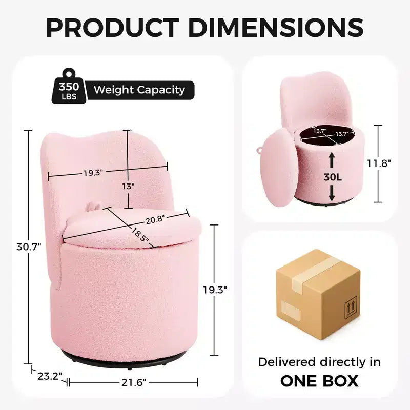 Sedia da toeletta con contenitore, Sedia da trucco girevole a 360° con schienale, Sgabello girevole moderno a botte, Ottomana imbottita, Sgabello da toeletta con schienale