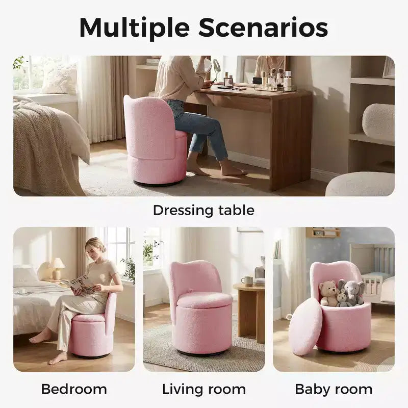 Sedia da toeletta con contenitore, Sedia da trucco girevole a 360° con schienale, Sgabello girevole moderno a botte, Ottomana imbottita, Sgabello da toeletta con schienale
