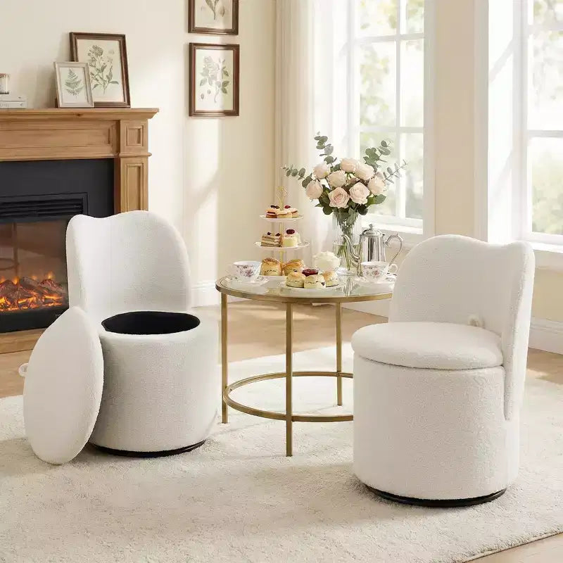 Sedia da toeletta con contenitore, Sedia da trucco girevole a 360° con schienale, Sgabello girevole moderno a botte, Ottomana imbottita, Sgabello da toeletta con schienale
