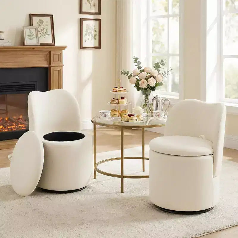 Sedia da toeletta con contenitore, Sedia da trucco girevole a 360° con schienale, Sgabello girevole moderno a botte, Ottomana imbottita, Sgabello da toeletta con schienale