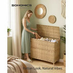 Cesto portabiancheria con coperchio, cesto portabiancheria in rattan PE con fodera rimovibile, cesto portaoggetti, smistatore a 4 scomparti, 210 L, Giallo oca