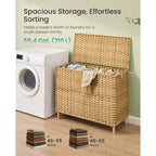 Cesto portabiancheria con coperchio, cesto portabiancheria in rattan PE con fodera rimovibile, cesto portaoggetti, smistatore a 4 scomparti, 210 L, Giallo oca