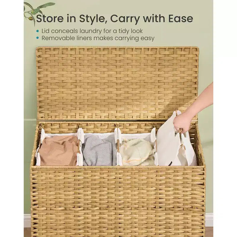 Cesto portabiancheria con coperchio, cesto portabiancheria in rattan PE con fodera rimovibile, cesto portaoggetti, smistatore a 4 scomparti, 210 L, Giallo oca