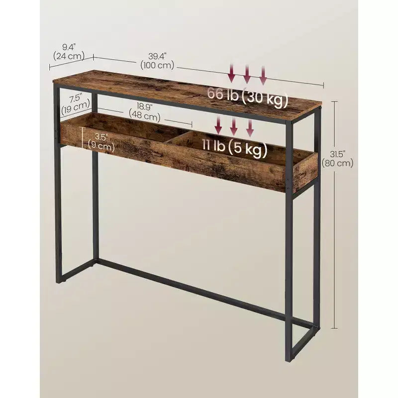 Tavolo d'ingresso a 2 livelli, Tavolo Consolle Stretto, Scomparti Semi-Aperti, 23,9 x 100,1 x 80 cm