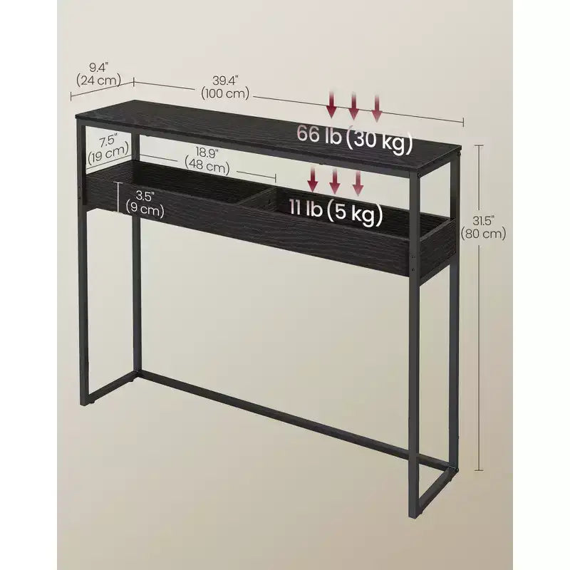 Tavolo d'ingresso a 2 livelli, Tavolo Consolle Stretto, Scomparti Semi-Aperti, 23,9 x 100,1 x 80 cm