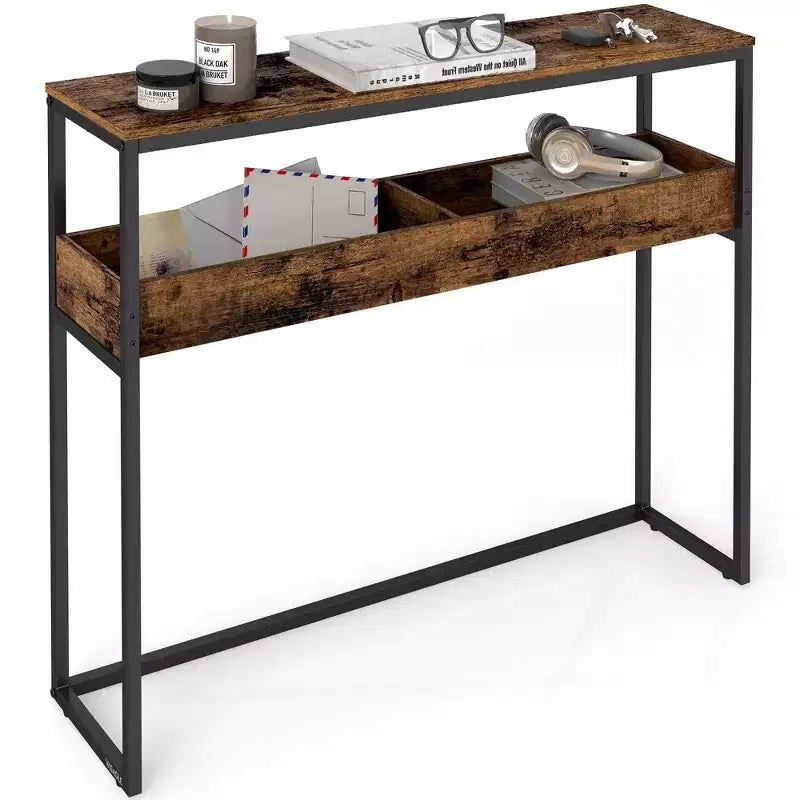 Tavolo d'ingresso a 2 livelli, Tavolo Consolle Stretto, Scomparti Semi-Aperti, 23,9 x 100,1 x 80 cm