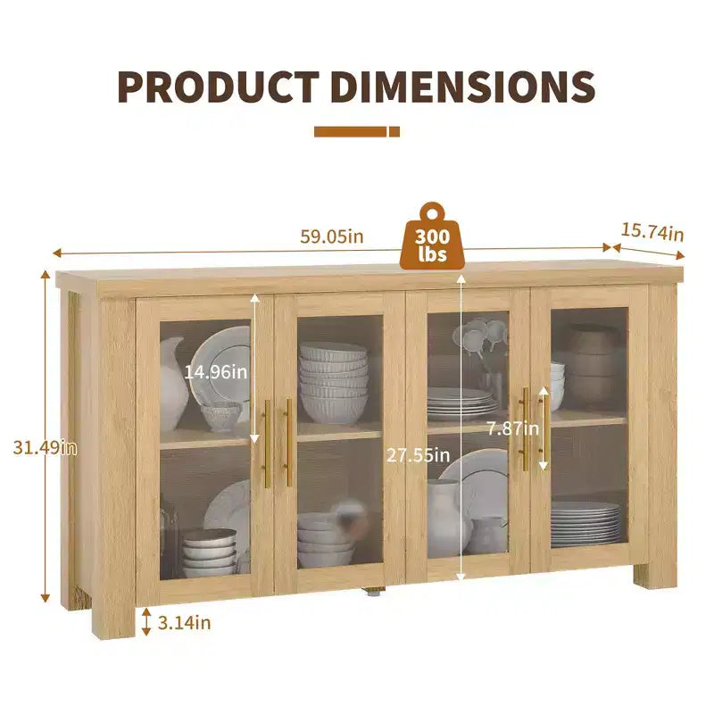 Credenza a Buffet con Vano Contenitore, Credenza da 59" con Ante in Vetro Temperato, Tavolo Buffet in Legno per Soggiorno, Sala da Pranzo, Cucina