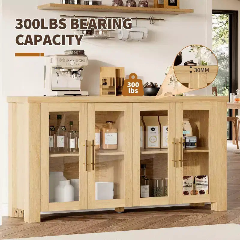 Credenza a Buffet con Vano Contenitore, Credenza da 59" con Ante in Vetro Temperato, Tavolo Buffet in Legno per Soggiorno, Sala da Pranzo, Cucina