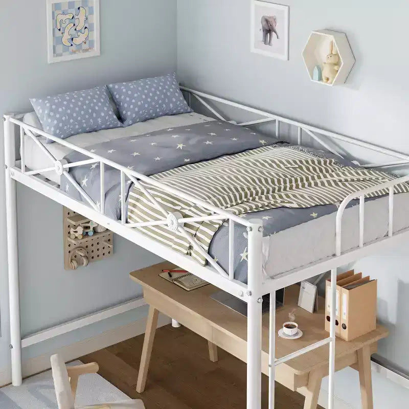 Letto a soppalco in metallo, misura singola, moderno e resistente con ringhiere di sicurezza e design salvaspazio, letto a soppalco singolo in acciaio per scuola, camera da letto