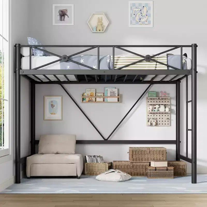 Letto a soppalco in metallo, misura singola, moderno e resistente con ringhiere di sicurezza e design salvaspazio, letto a soppalco singolo in acciaio per scuola, camera da letto