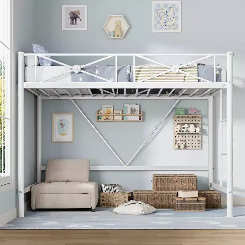 Letto a soppalco in metallo, misura singola, moderno e resistente con ringhiere di sicurezza e design salvaspazio, letto a soppalco singolo in acciaio per scuola, camera da letto