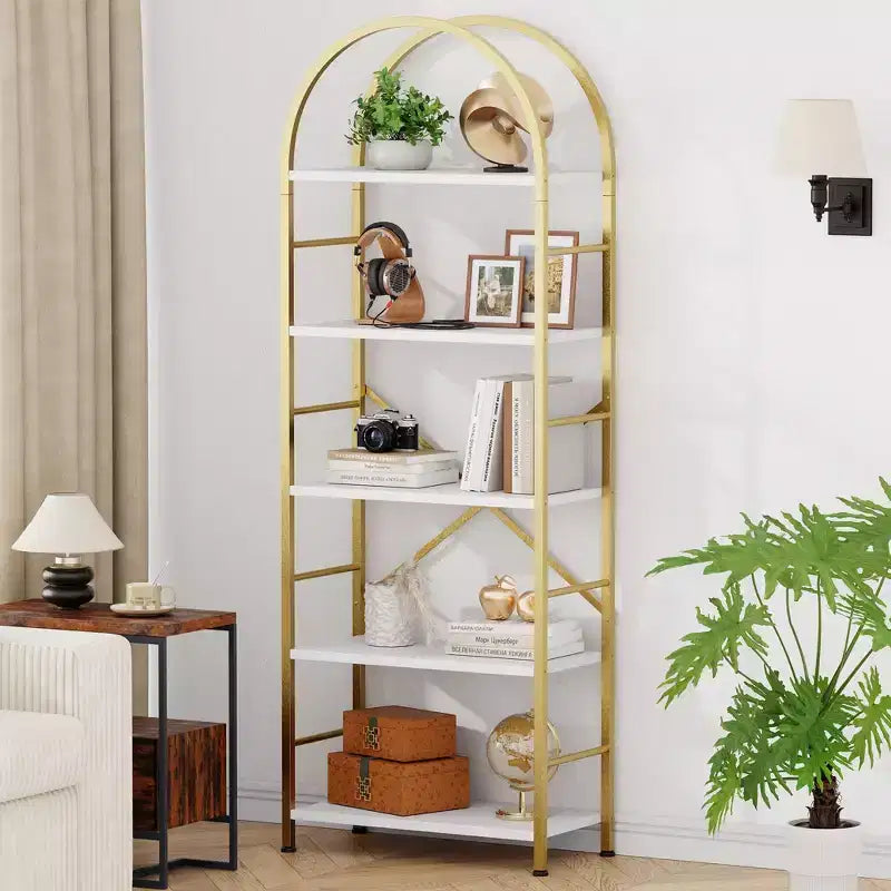 Celebalcony Arched Bookshelf 5 Tier Bookcase Shelf for CDs/Books, Home Office Bookcase Shelf Storage Organizer, Modern BookShelf for Living Room, Gold