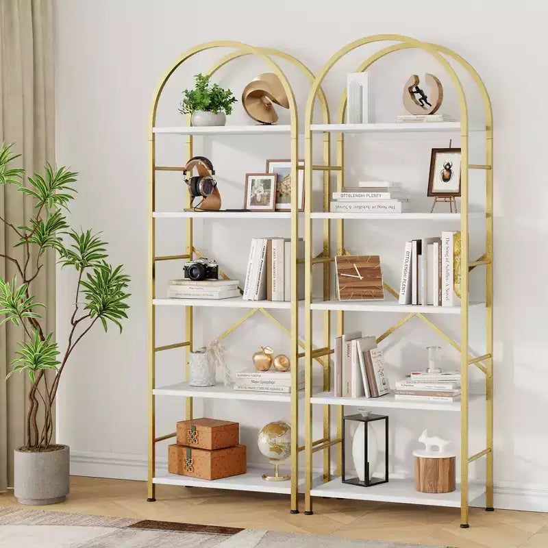 Libreria ad Arco a 5 Ripiani per CD/Libri, Organizzatore per Ufficio Domestico, Libreria Moderna per Soggiorno, Oro