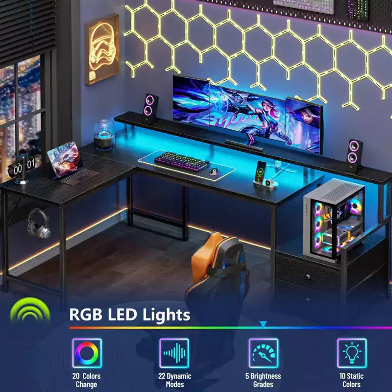 Scrivania ad angolo nera da 66 pollici con stazione di ricarica, scrivania da gaming reversibile con luci LED, 2 cassetti, supporto per monitor e archiviazione per ufficio domestico