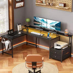 Scrivania ad angolo nera da 66 pollici con stazione di ricarica, scrivania da gaming reversibile con luci LED, 2 cassetti, supporto per monitor e archiviazione per ufficio domestico