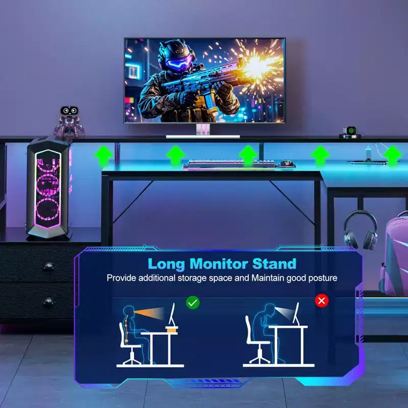 Scrivania ad angolo nera da 66 pollici con stazione di ricarica, scrivania da gaming reversibile con luci LED, 2 cassetti, supporto per monitor e archiviazione per ufficio domestico