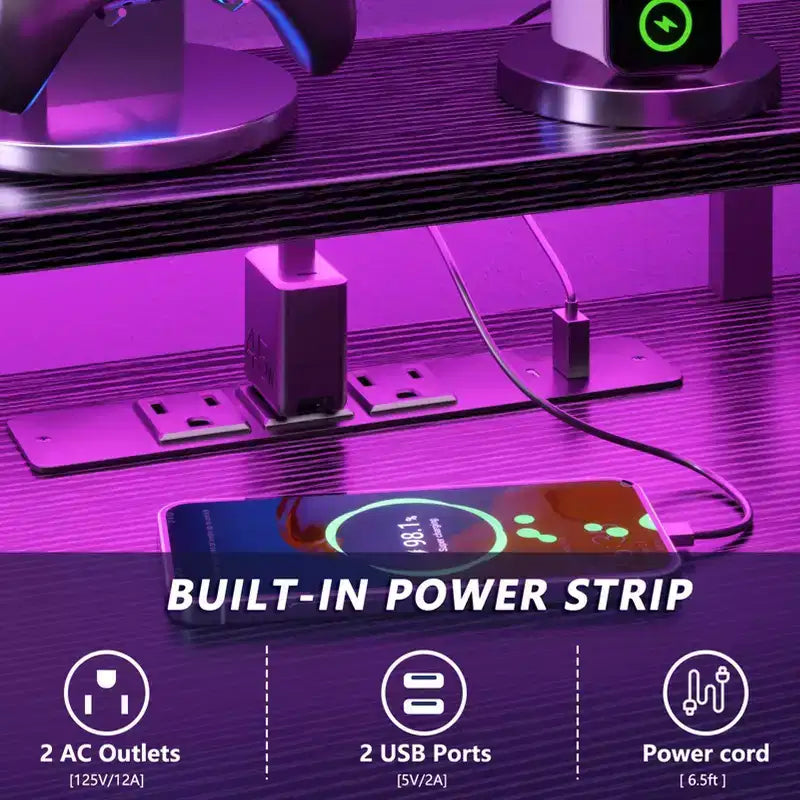 Scrivania ad angolo nera da 66 pollici con stazione di ricarica, scrivania da gaming reversibile con luci LED, 2 cassetti, supporto per monitor e archiviazione per ufficio domestico
