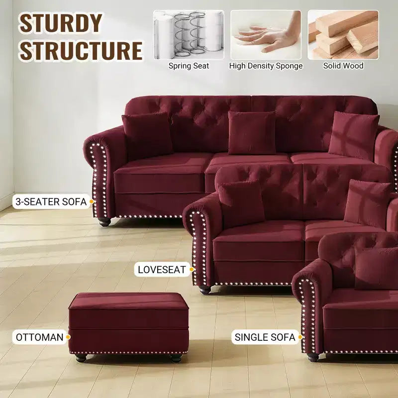 Pouf rivestito in velluto con borchie decorative